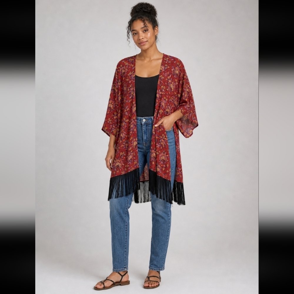 LULAROE Large Marilyn Kimono Semi Sheer Floral Black Fringe